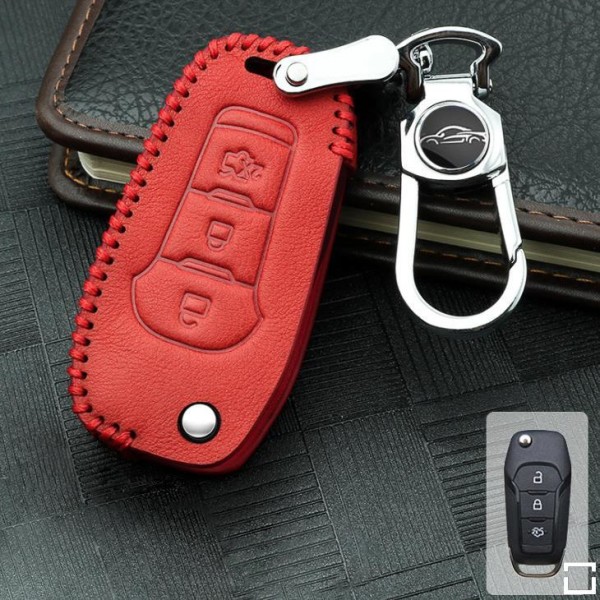 Leather key fob cover case fit for Ford F2 remote key red