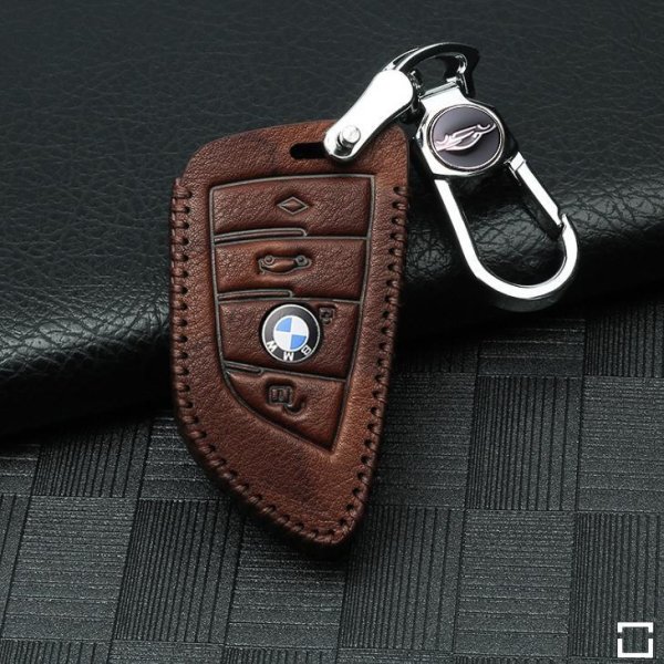 Leather key fob cover case fit for BMW B6, B7 remote key light brown