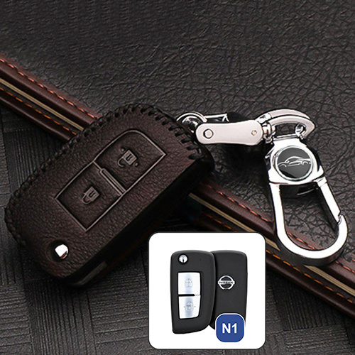 Leather key fob cover case fit for Nissan N1 remote key dark brown