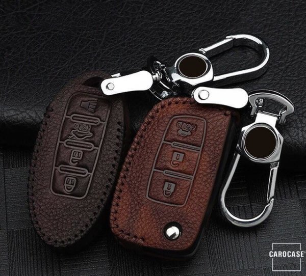 Leather key fob cover case fit for Nissan N8 remote key light brown
