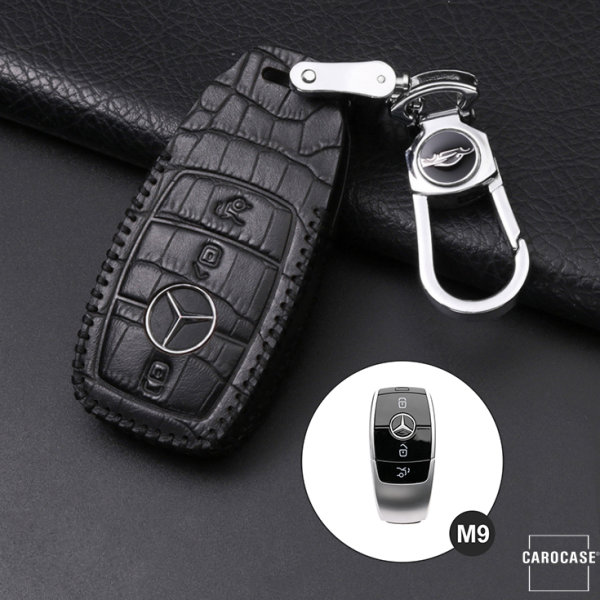 KROKO Leder Schlüssel Cover passend für Mercedes-Benz Schlüssel schwarz/schwarz LEK44-M9