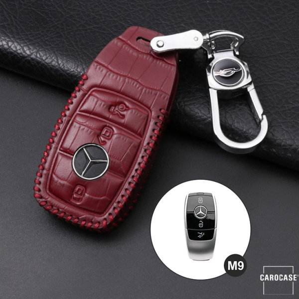 Leather key fob cover case fit for Mercedes-Benz M9 remote key wine red