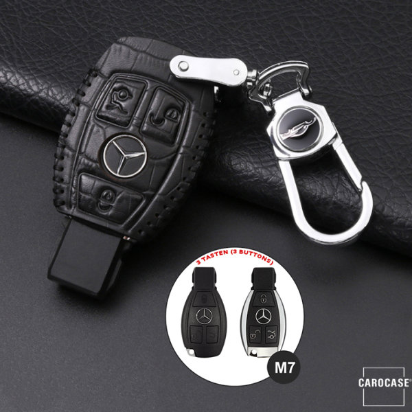 KROKO Leder Schlüssel Cover passend für Mercedes-Benz Schlüssel schwarz/schwarz LEK44-M7
