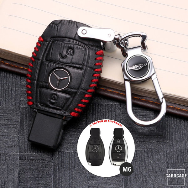 KROKO Leder Schlüssel Cover passend für Mercedes-Benz Schlüssel schwarz/rot LEK44-M6