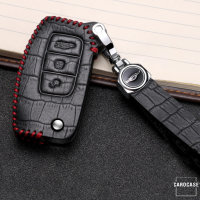 KROKO Leder Schlüssel Cover passend für Ford Schlüssel schwarz/rot LEK44-F1
