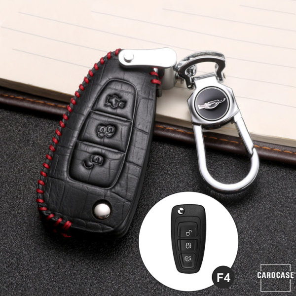 KROKO Leder Schlüssel Cover passend für Ford Schlüssel schwarz/rot LEK44-F4