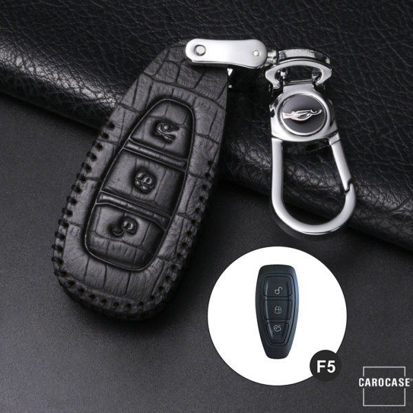 Coque de protection en cuir pour voiture Ford clé télécommande F5 noir/noir
