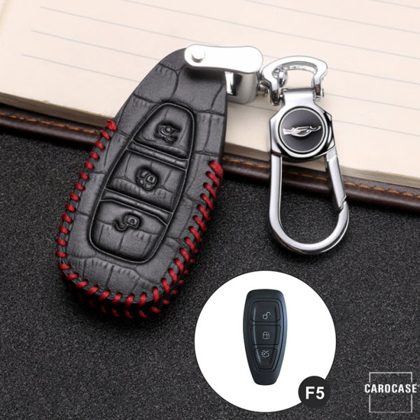 Coque de protection en cuir pour voiture Ford clé télécommande F5 noir/rouge