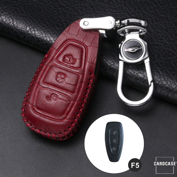 KROKO Leder Schlüssel Cover passend für Ford Schlüssel weinrot LEK44-F5