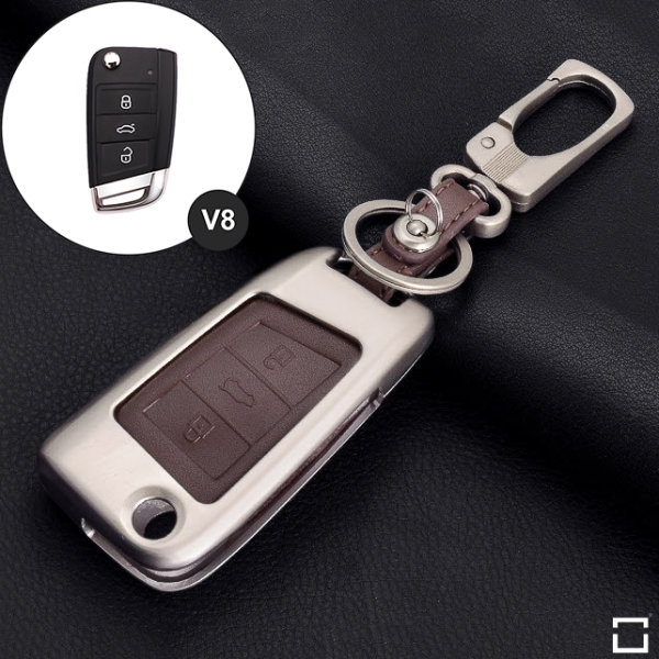 Aluminum key fob cover case fit for Volkswagen V8X, V8 remote key champagne/brown