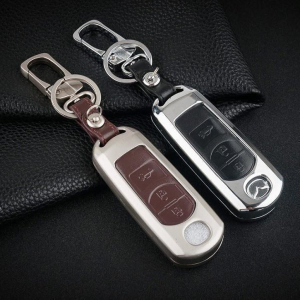 Alu Hartschalen Schlüssel Case passend für Mazda Autoschlüssel chrom/schwarz HEK2-MZ2-29