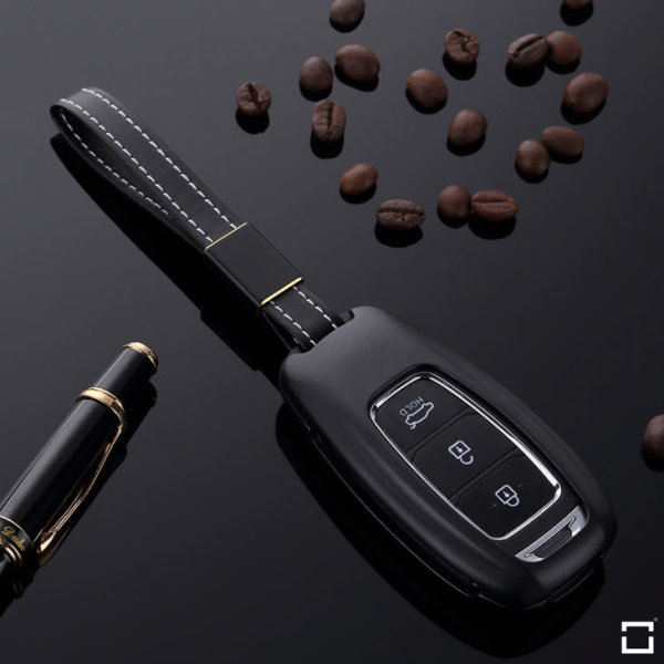 Alu Schlüssel Cover für Hyundai Schlüssel inkl. Lederband schwarz HEK34-D9-1