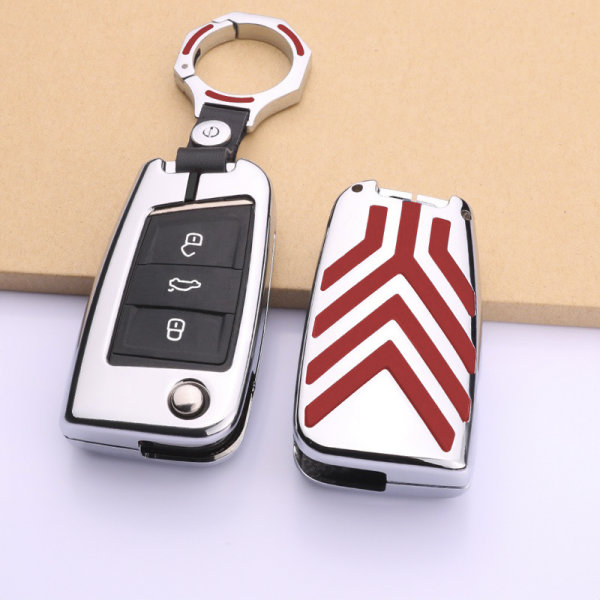 C-LINE Hartschalen Schlüssel Cover passend für Volkswagen, Audi, Skoda, Seat Schlüssel chrom/rot HEK6-V3-47
