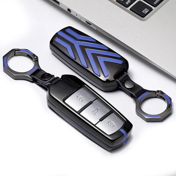 Aluminum key fob cover case fit for Volkswagen V6 remote key anthracite/blue