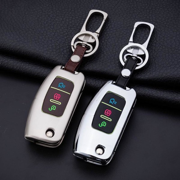 Alu Hartschalen Schlüssel Cover passend für Ford Autoschlüssel mit Leuchtfunktion champagner matt/braun HEK17-F1-30
