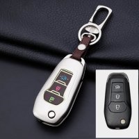 Alu Hartschalen Schlüssel Cover passend für Ford Autoschlüssel mit Leuchtfunktion chrom/schwarz HEK17-F2-29