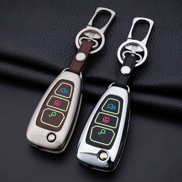 Alu Hartschalen Schlüssel Cover passend für Ford Autoschlüssel mit Leuchtfunktion chrom/schwarz HEK17-F4-29