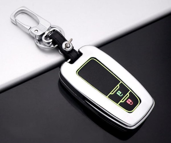 Alu Hartschalen Schlüssel Cover passend für Toyota Autoschlüssel mit Leuchtfunktion chrom/schwarz HEK17-T5-29