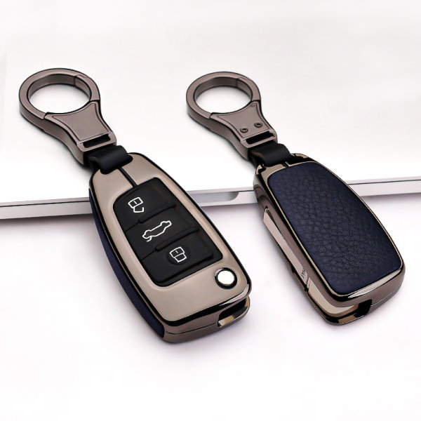 Aluminium, Leder Schlüssel Cover passend für Audi Schlüssel anthrazit/blau HEK15-AX3-32