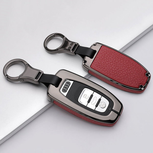 Aluminum, Leather key fob cover case fit for Audi AX4 remote key anthracite/red