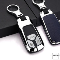 Aluminium, Leder Schlüssel Cover passend für Audi Schlüssel chrom/blau HEK15-AX6-49