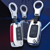 Aluminium, Leder Schlüssel Cover passend für Volkswagen, Audi, Skoda, Seat Schlüssel chrom/rot HEK15-V3-47