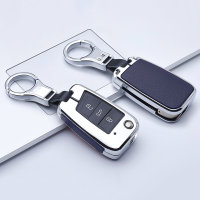 Aluminum, Leather key fob cover case fit for Volkswagen, Audi, Skoda, Seat V3, V3X remote key chrome/blue