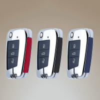 Aluminum, Leather key fob cover case fit for Volkswagen, Audi, Skoda, Seat V3, V3X remote key chrome/blue