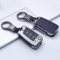 Aluminum, Leather key fob cover case fit for Volkswagen, Audi, Skoda, Seat V3, V3X remote key anthracite/blue