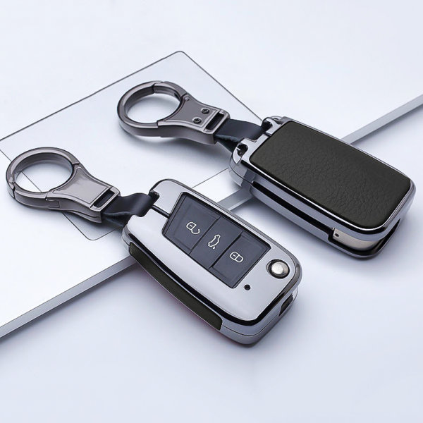 Aluminium, Leder Schlüssel Cover passend für Volkswagen, Audi, Skoda, Seat Schlüssel anthrazit/schwarz HEK15-V3-51