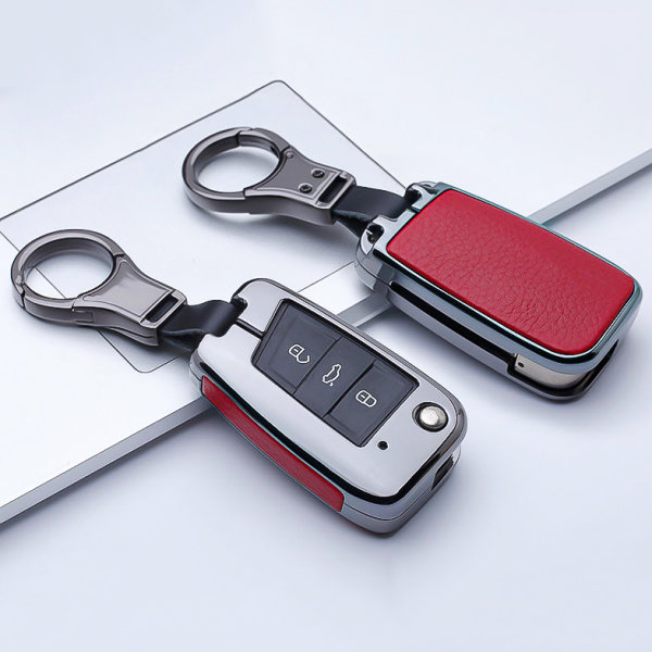 Aluminium, Leder Schlüssel Cover passend für Volkswagen, Audi, Skoda, Seat Schlüssel anthrazit/rot HEK15-V3-31