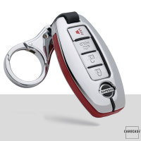 Aluminium, Leder Schlüssel Cover passend für Nissan Schlüssel chrom/rot HEK15-N5-47
