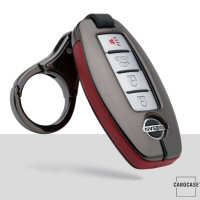 Aluminum, Leather key fob cover case fit for Nissan N5, N6, N7, N8, N9 remote key anthracite/red