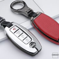 Aluminum, Leather key fob cover case fit for Nissan N5, N6, N7, N8, N9 remote key anthracite/red