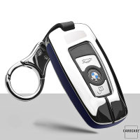 Schutzhülle Cover (HEK15) passend für BMW Schlüssel inkl. Karabiner - chrom/blau