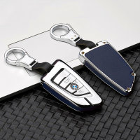 Aluminium, Leder Schlüssel Cover passend für BMW Schlüssel chrom/blau HEK15-B6-49