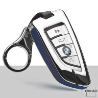 Aluminum, Leather key fob cover case fit for BMW B6, B7 remote key chrome/blue