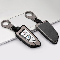 Aluminum, Leather key fob cover case fit for BMW B6, B7 remote key anthracite/blue