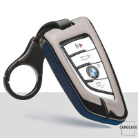 Aluminum, Leather key fob cover case fit for BMW B6, B7 remote key anthracite/blue