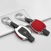 Aluminium, Leder Schlüssel Cover passend für Mercedes-Benz Schlüssel chrom/rot HEK15-M7-47
