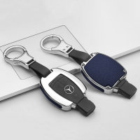 Aluminio, Cuero funda para llave de Mercedes-Benz M6, M7 cromo/azul