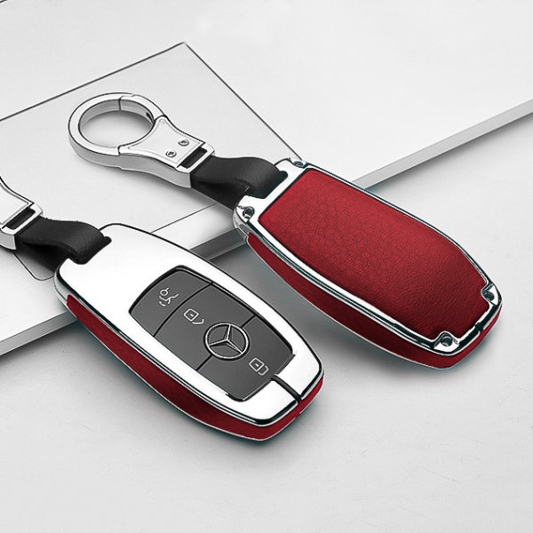Aluminum, Leather key fob cover case fit for Mercedes-Benz M9 remote key chrome/red
