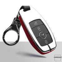 Aluminium, Leder Schlüssel Cover passend für Mercedes-Benz Schlüssel chrom/rot HEK15-M9-47