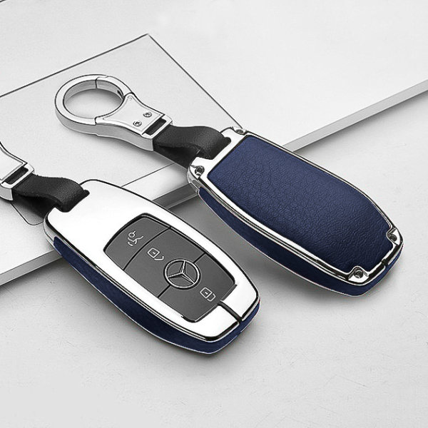 Aluminium, Leder Schlüssel Cover passend für Mercedes-Benz Schlüssel chrom/blau HEK15-M9-49