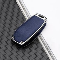 Aluminum, Leather key fob cover case fit for Mercedes-Benz M9 remote key chrome/blue