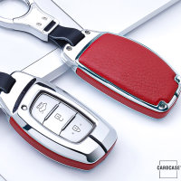 Aluminum, Leather key fob cover case fit for Hyundai D1, D2 remote key chrome/red