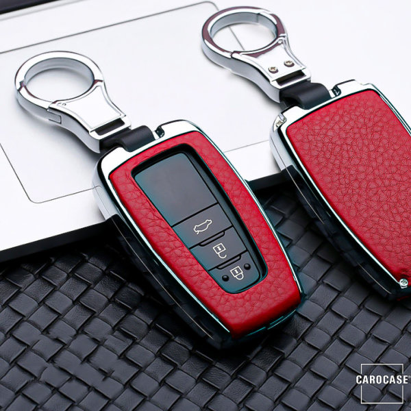 Aluminum, Leather key fob cover case fit for Toyota T5, T6 remote key chrome/red