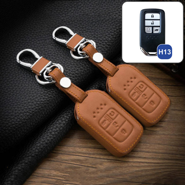 Leather key fob cover case fit for Honda H13 remote key brown