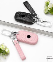 Leather key cover (LEK4) for Opel keys incl. keyring hook + leather keychain - black