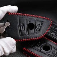 Leather key fob cover case fit for BMW B6 remote key black/red